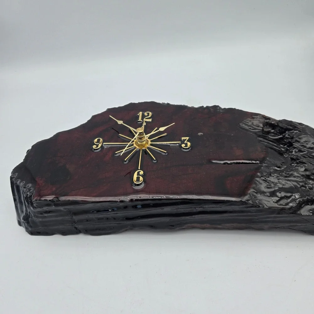 Vintage Lacquered Live Edge Wood Slab Wall Clock Dark MCM Brutalist Needs Repair